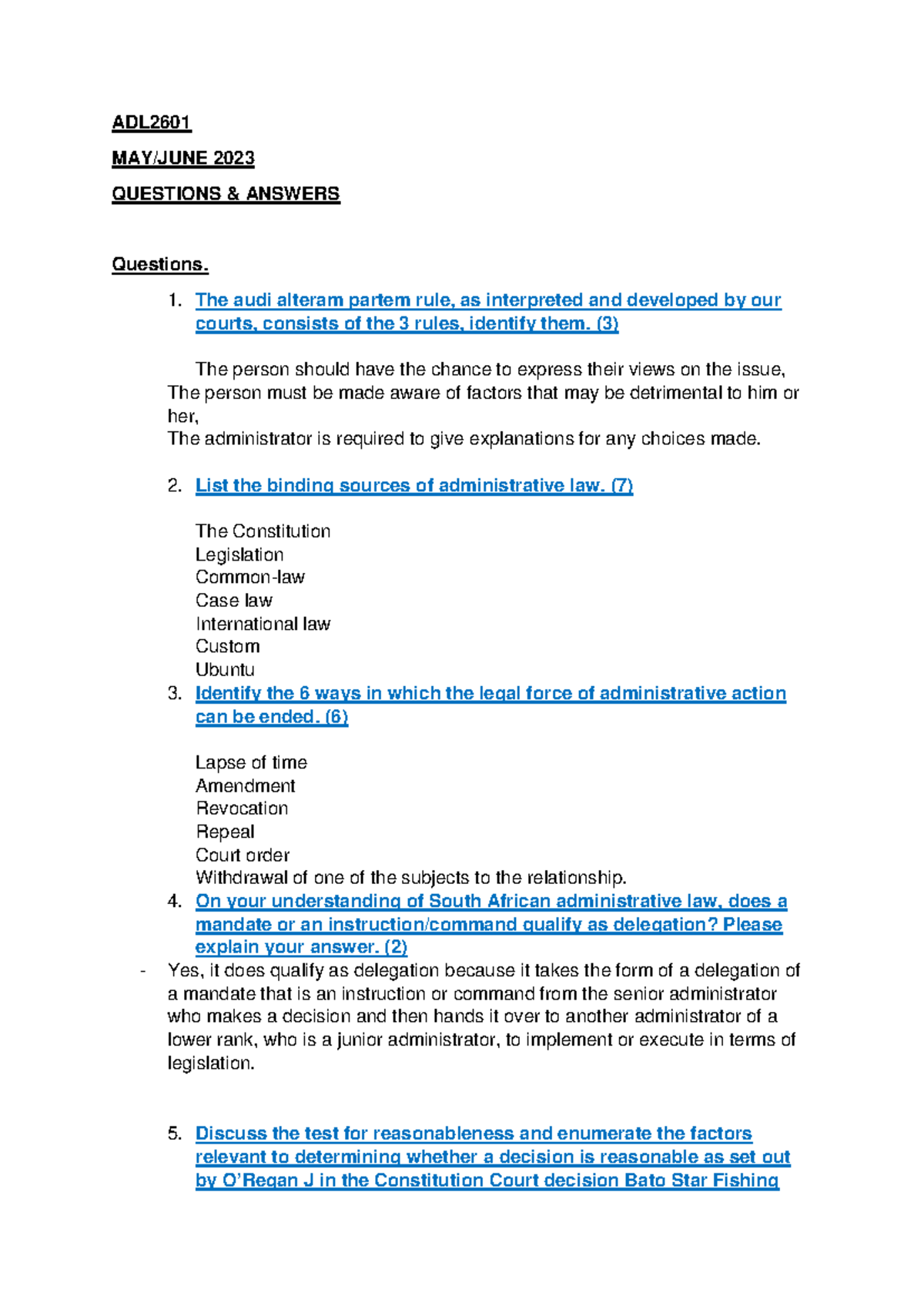 ADL2601 June 2023 - Administrative Law Questions & Answers - Studocu