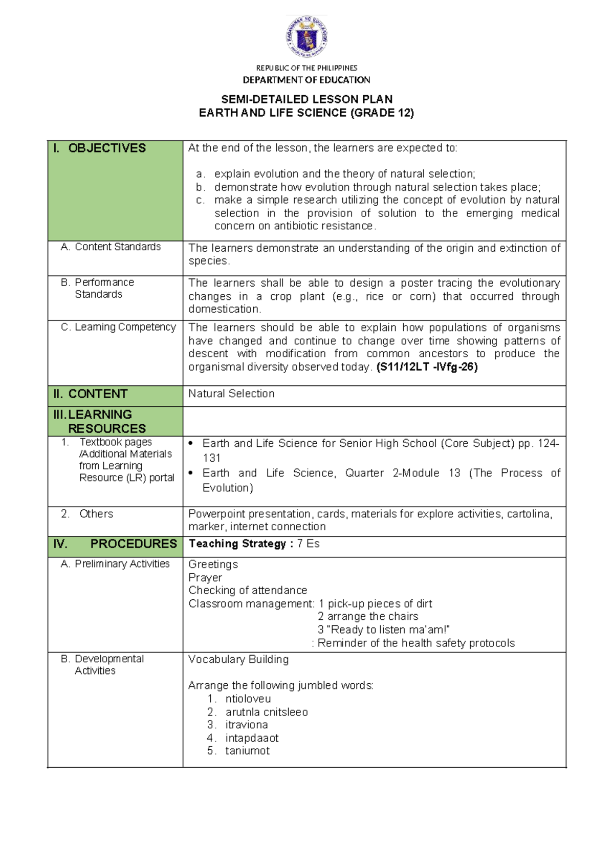 Lesson Plan: Natural Selection in Earth and Life Science (Grade 12 ...