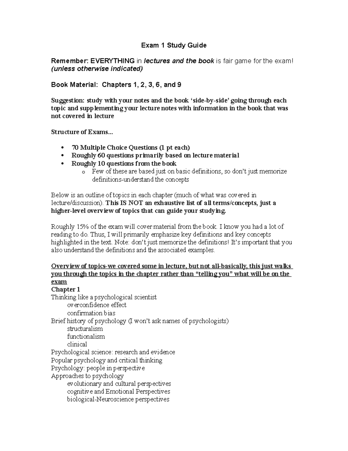 Exam 1 Study Guide - PSY 101: Key Concepts & Topics Overview - Studocu