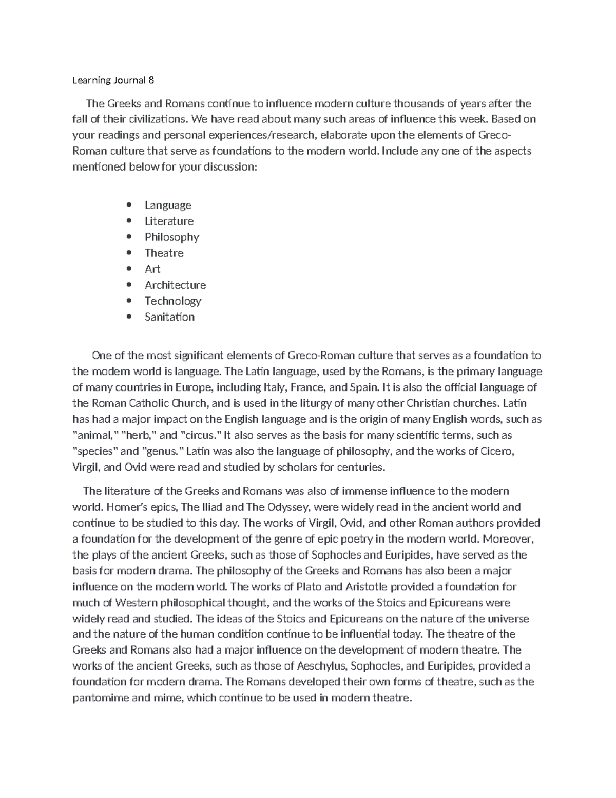 HIST 1301 Learning Journal 8 - Learning Journal 8 The Greeks and Romans ...