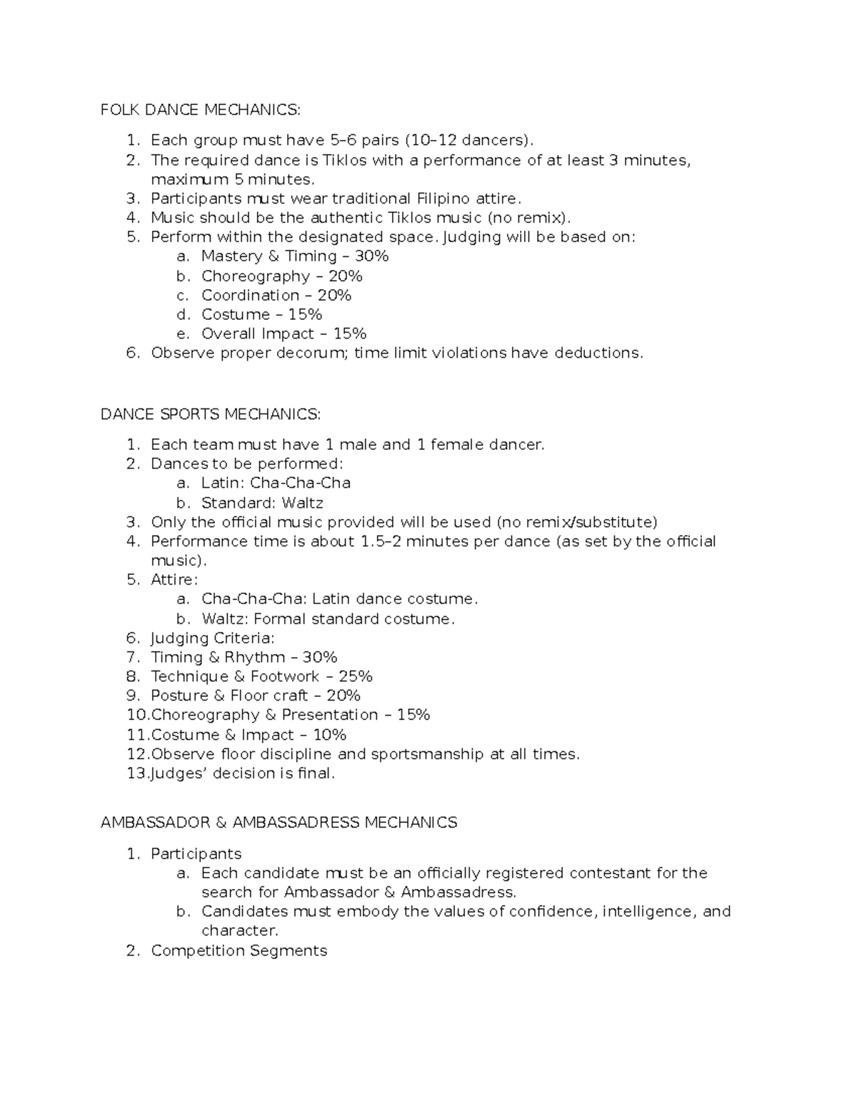 Mechanics for Intramurals: Dance, Ambassador, and Vocal Competitions ...