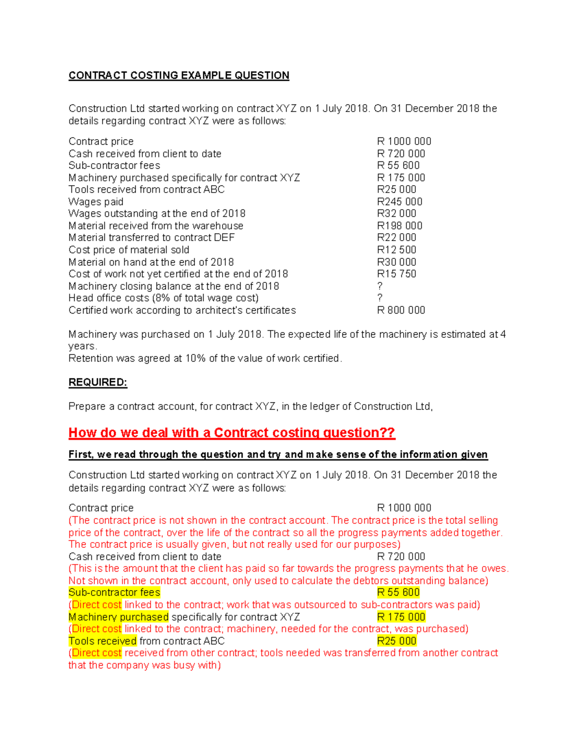 Contract Costing Example Q&A: Contract XYZ Analysis (2020) - Studocu