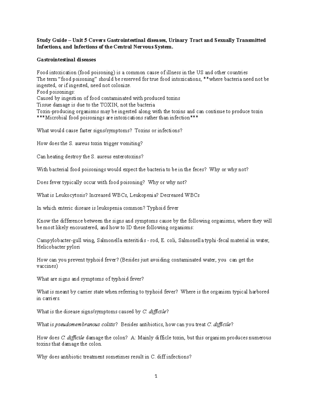Study Guide for Unit 5: Gastrointestinal, Urinary, and CNS Infections ...
