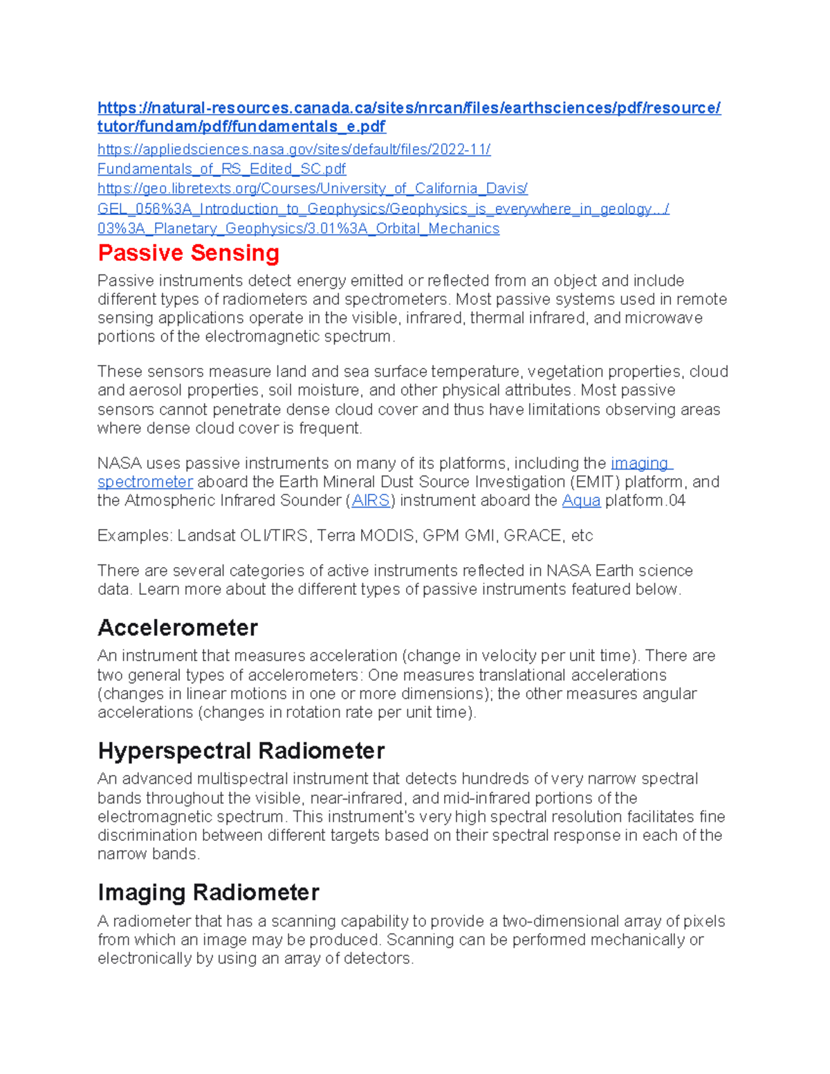 Remote Sensing - Notes on Passive and Active Instruments - Studocu