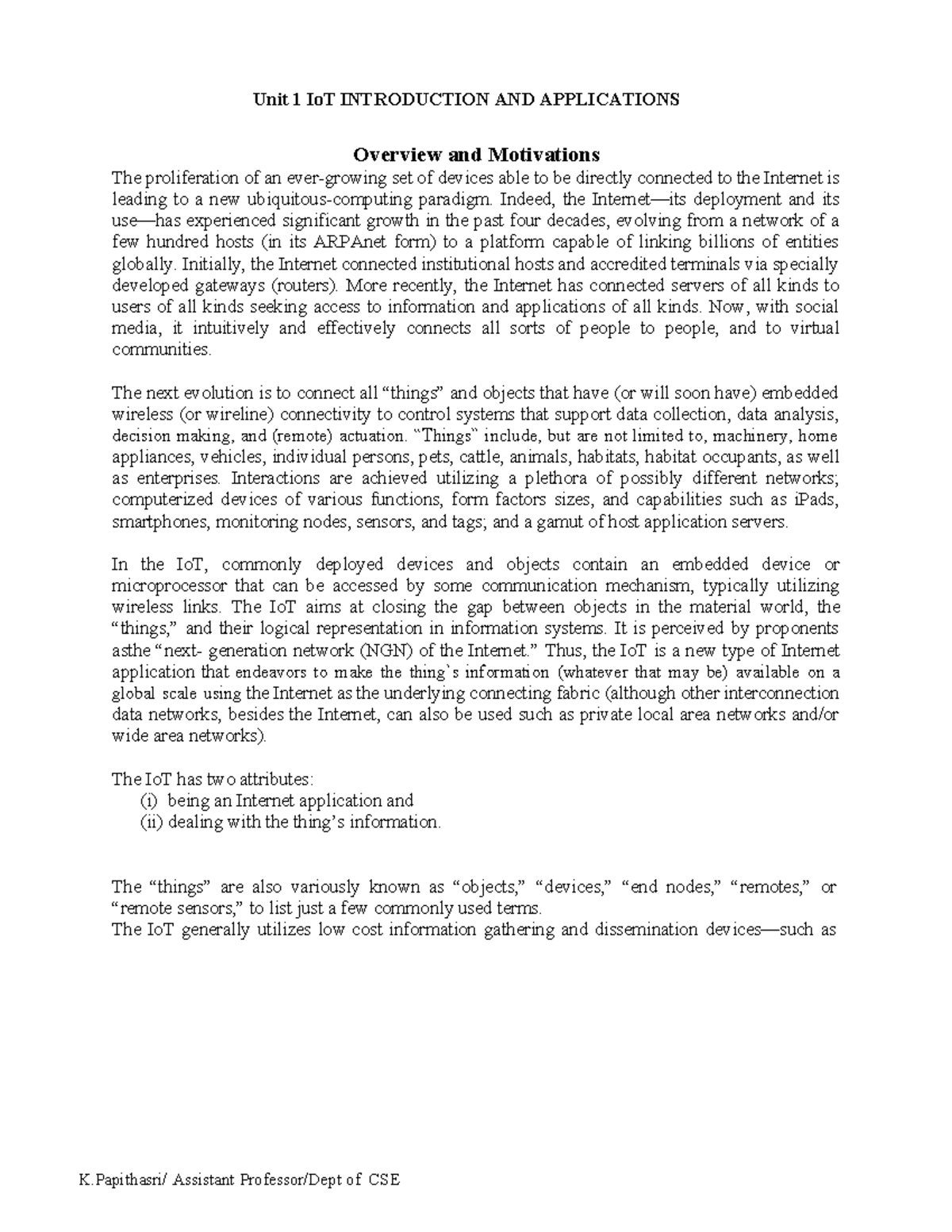 Unit I: Introduction to the Internet of Things (IoT) Concepts and ...