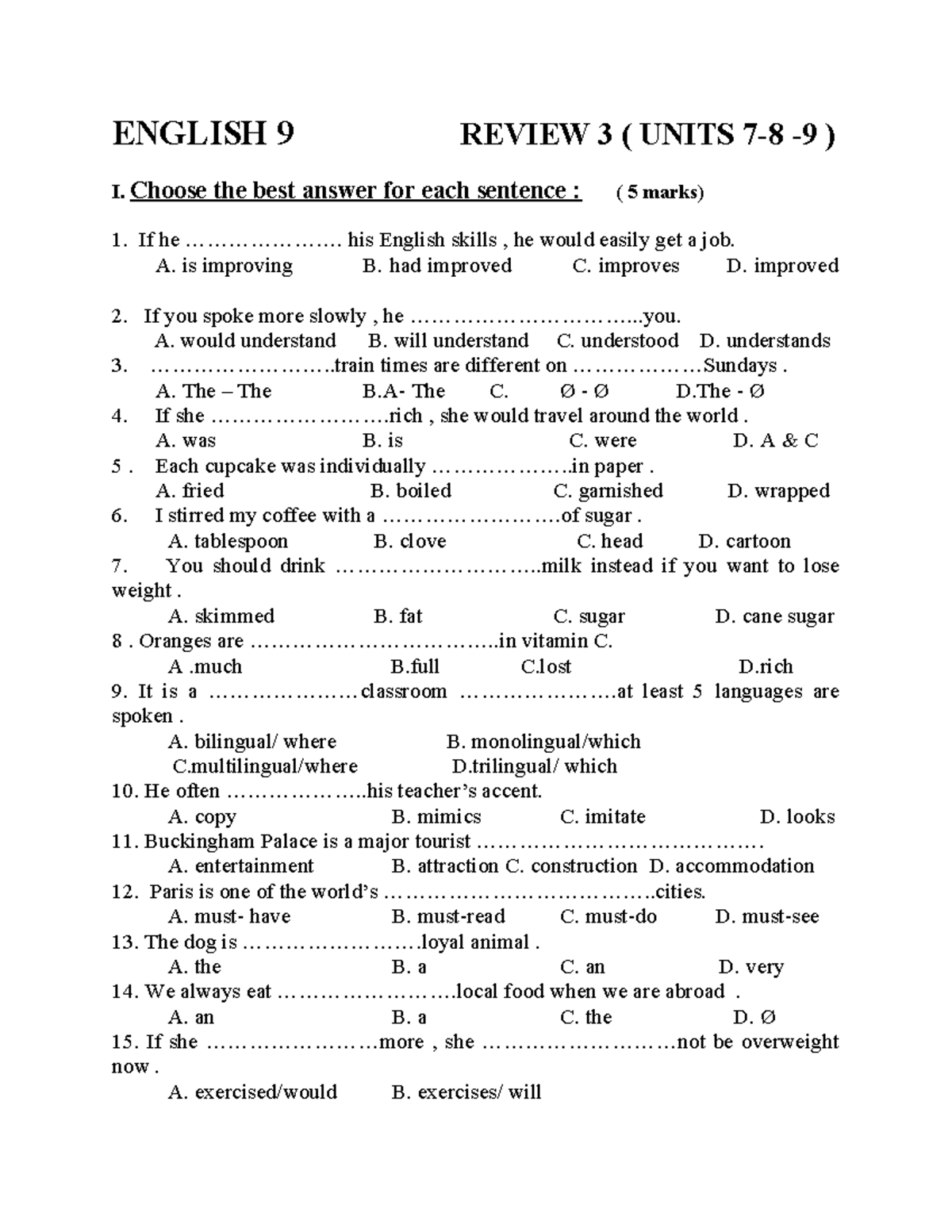 ENGLISH 9 REVIEW 3: Practice Questions for Units 7-9 Exam - Studocu