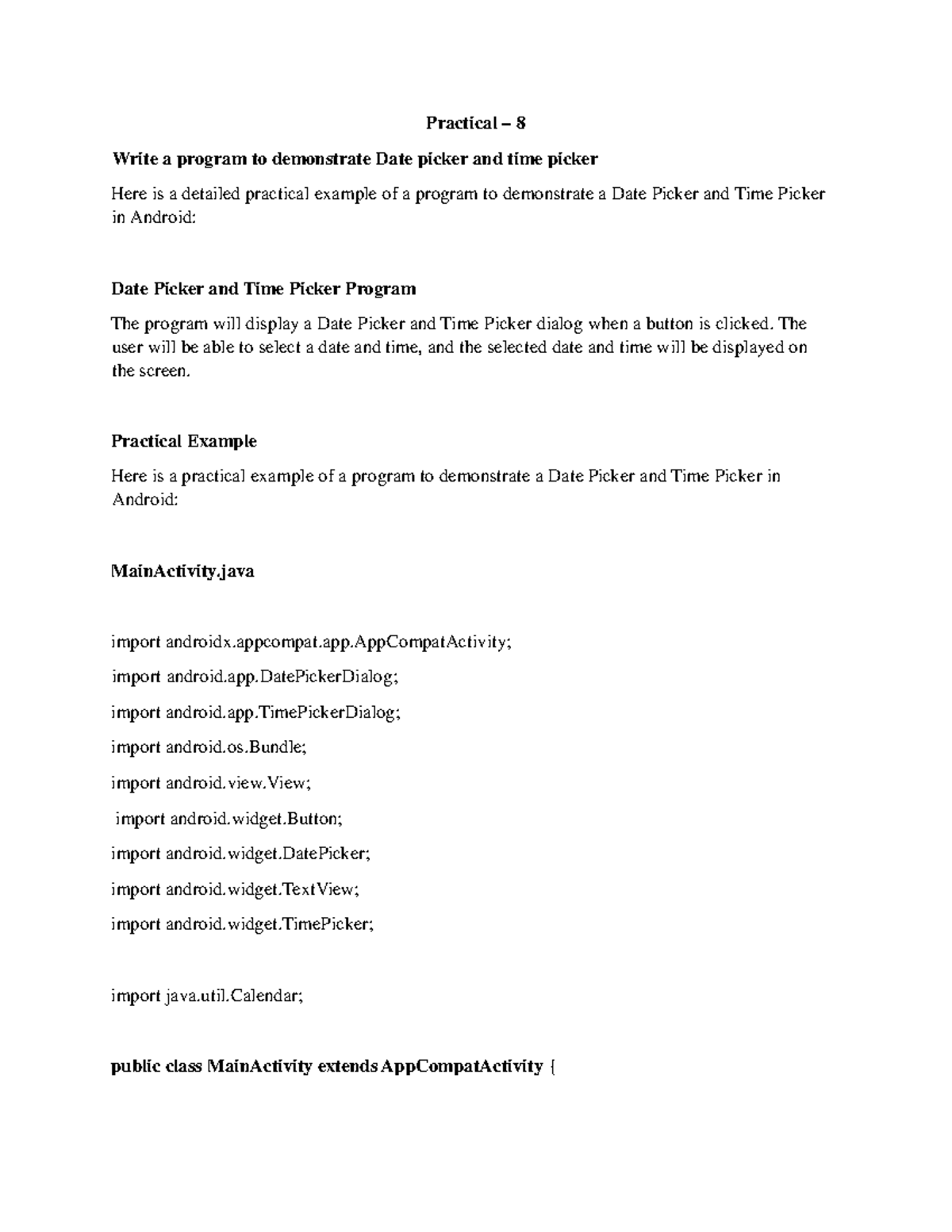 Practical - 8 - Android Date & Time Picker Program Example - Studocu