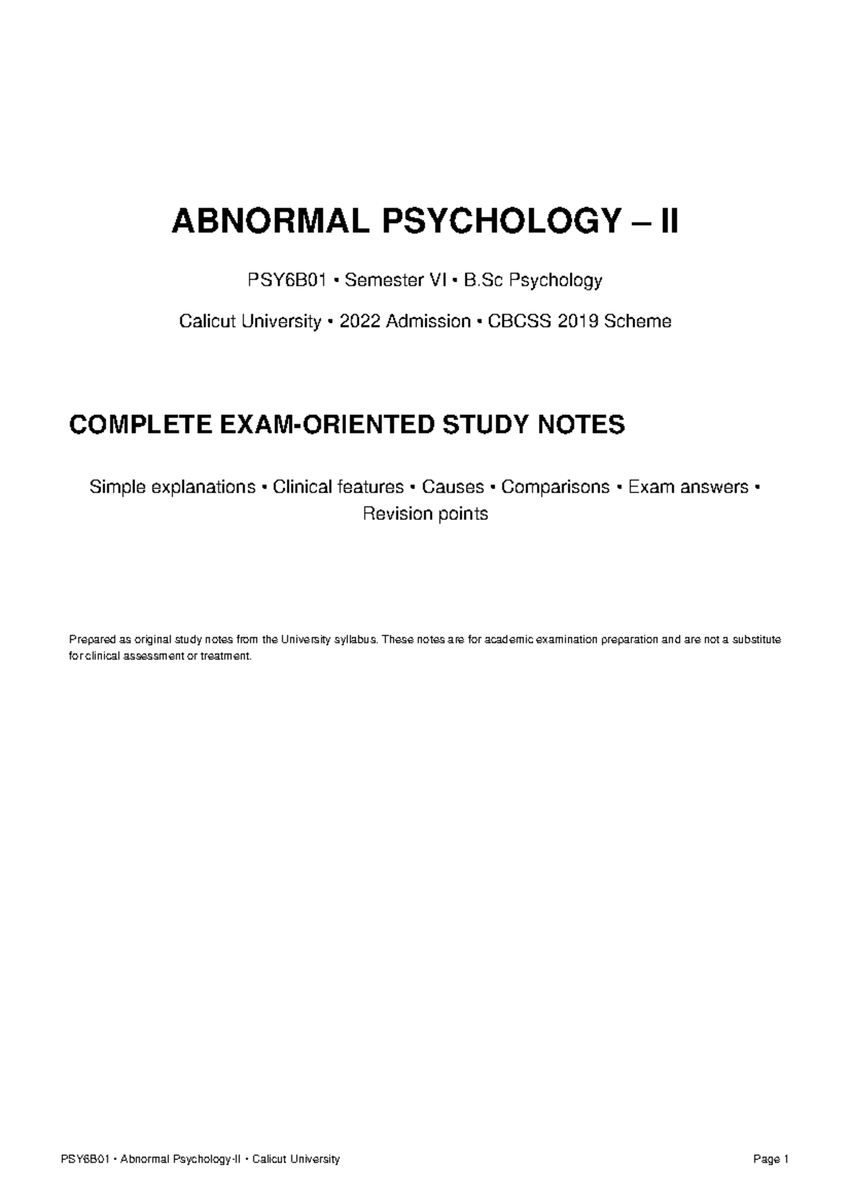 Calicut University PSY6B01 Abnormal Psychology II Complete Study Notes ...
