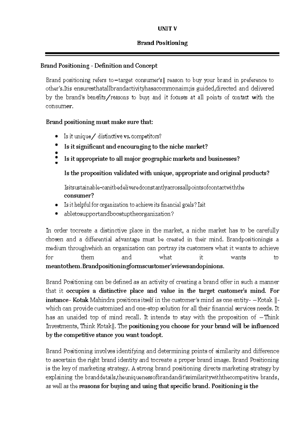 Brand Positioning Notes - Lecture (Unit V) for Marketing Course - Studocu