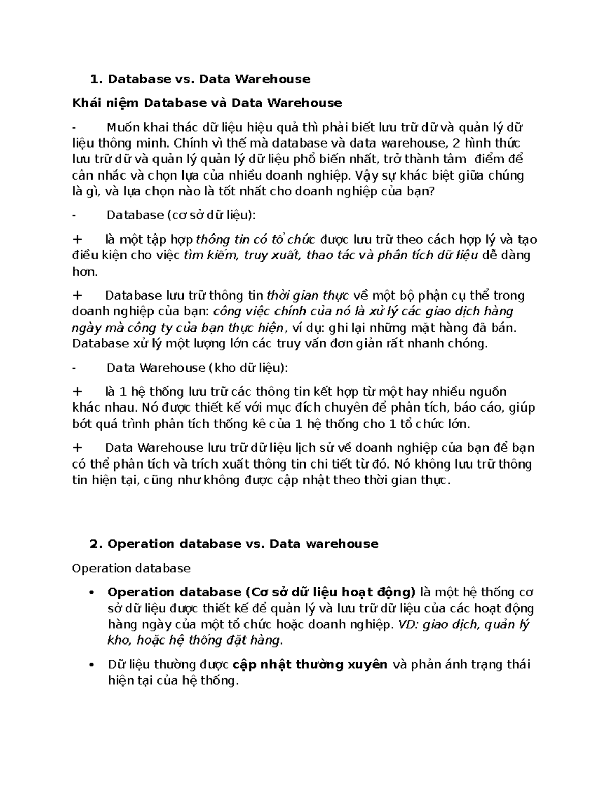 Note on Data Warehouse vs. Database Concepts and Operations - Studocu