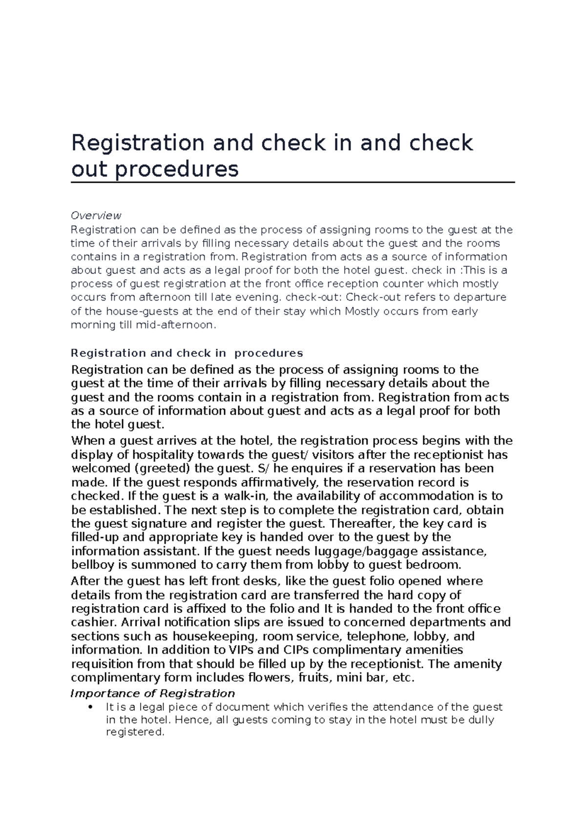 Check-In and Check-Out Procedures Overview for Hotel Management - Studocu