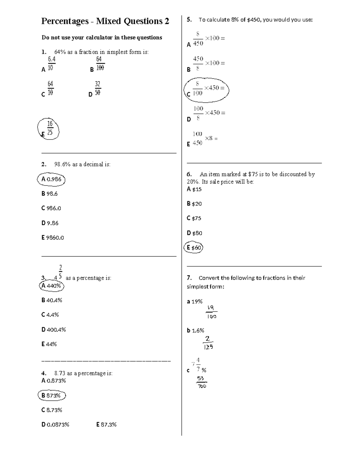 Percentages Mixed Questions 2: Practice Without Calculator - Studocu