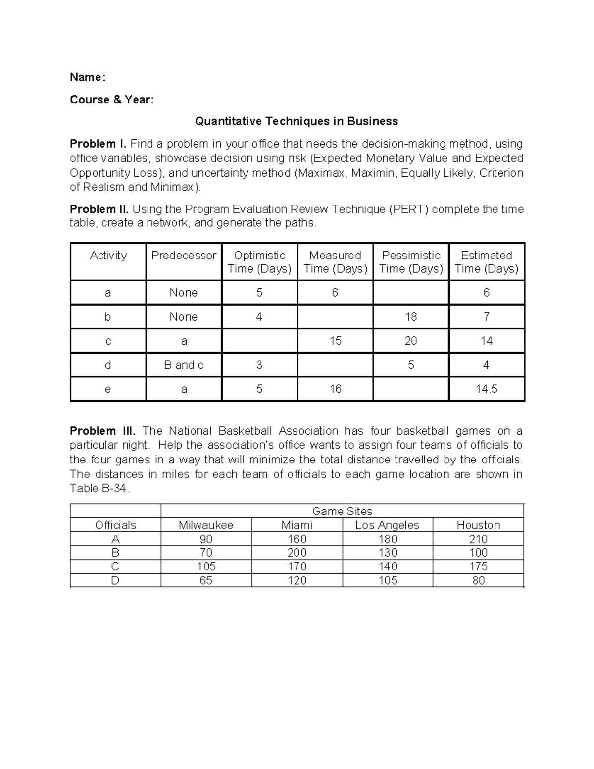Quantitative Techniques in Business: Problem Solving & PERT Analysis ...