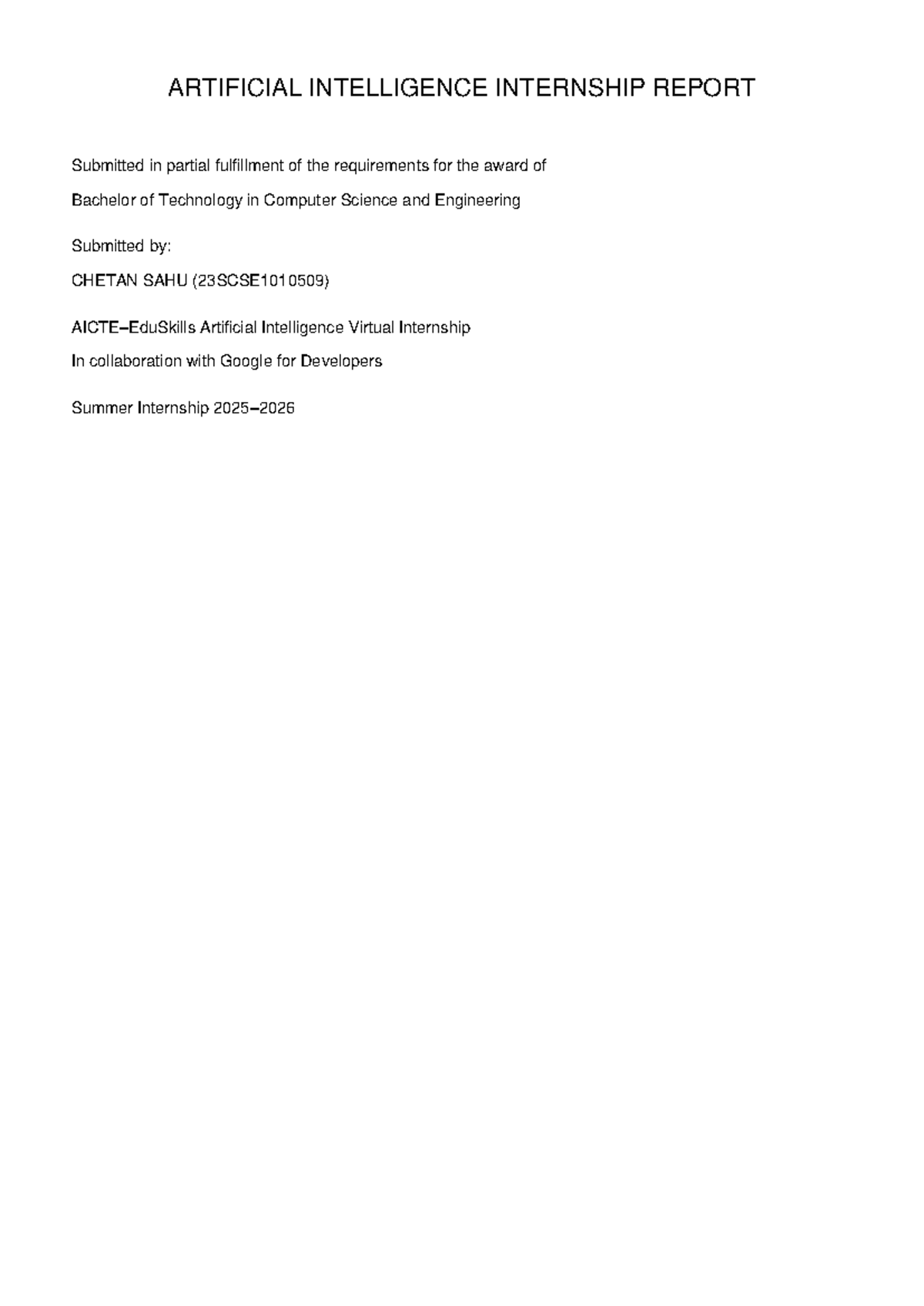 AI Virtual Internship Report - B.Tech in CSE (23SCSE1010509) - Studocu