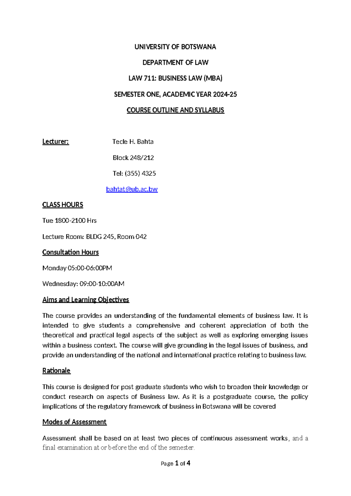 LAW711 Course Outline: Business Law Syllabus for 2024-25 - Studocu