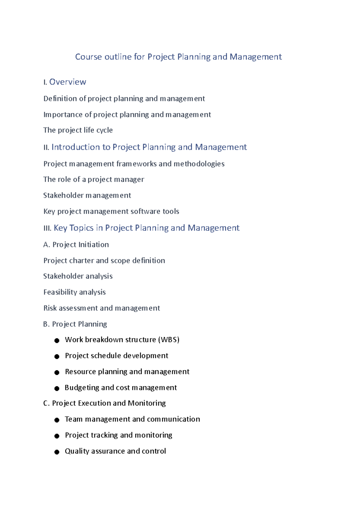 Course Outline: Project Planning & Management (PPM 101) - Studocu