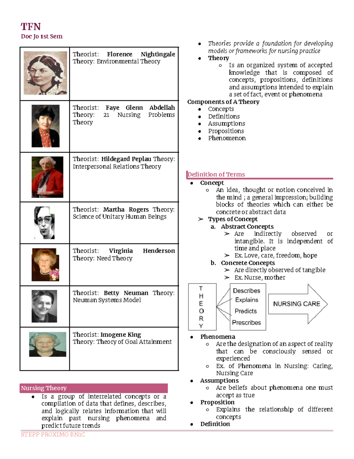 Nursing Theory Concepts and Models: TFN 1st Year Notes - Studocu