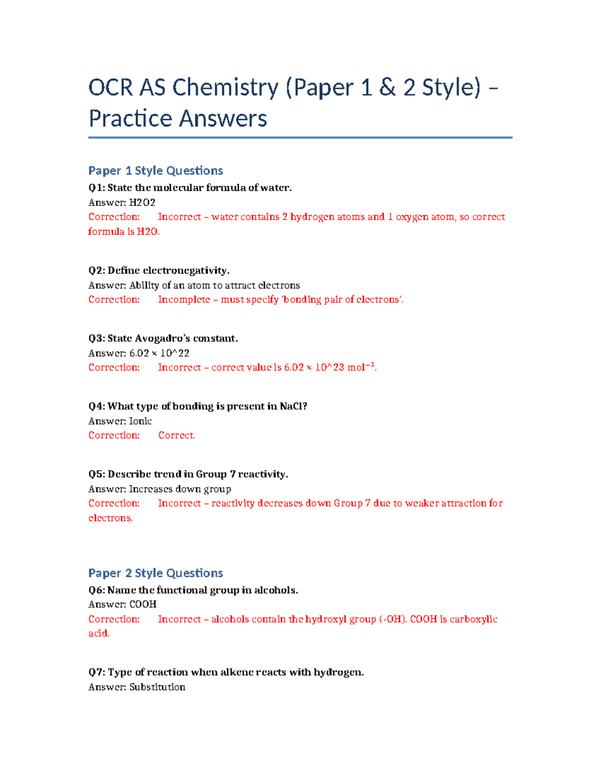 OCR AS Chemistry Practice Paper 1 & 2 Style Questions and Answers - Studocu
