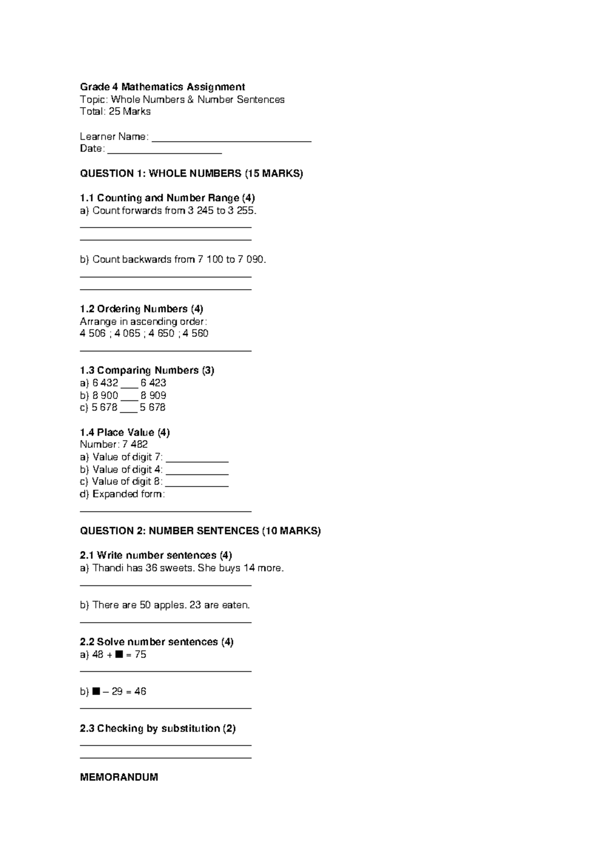 Grade 4 Math Assignment: Whole Numbers & Number Sentences (25 Marks ...