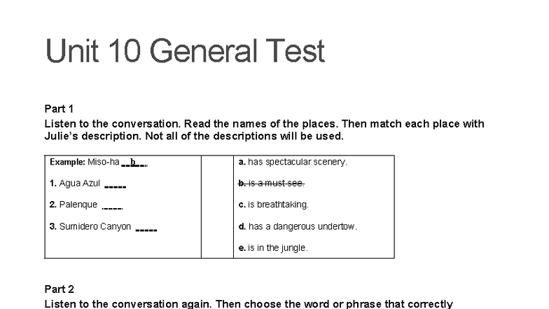 TN3 Unit 10 General Test: Listening & Vocabulary Assessment - Studocu