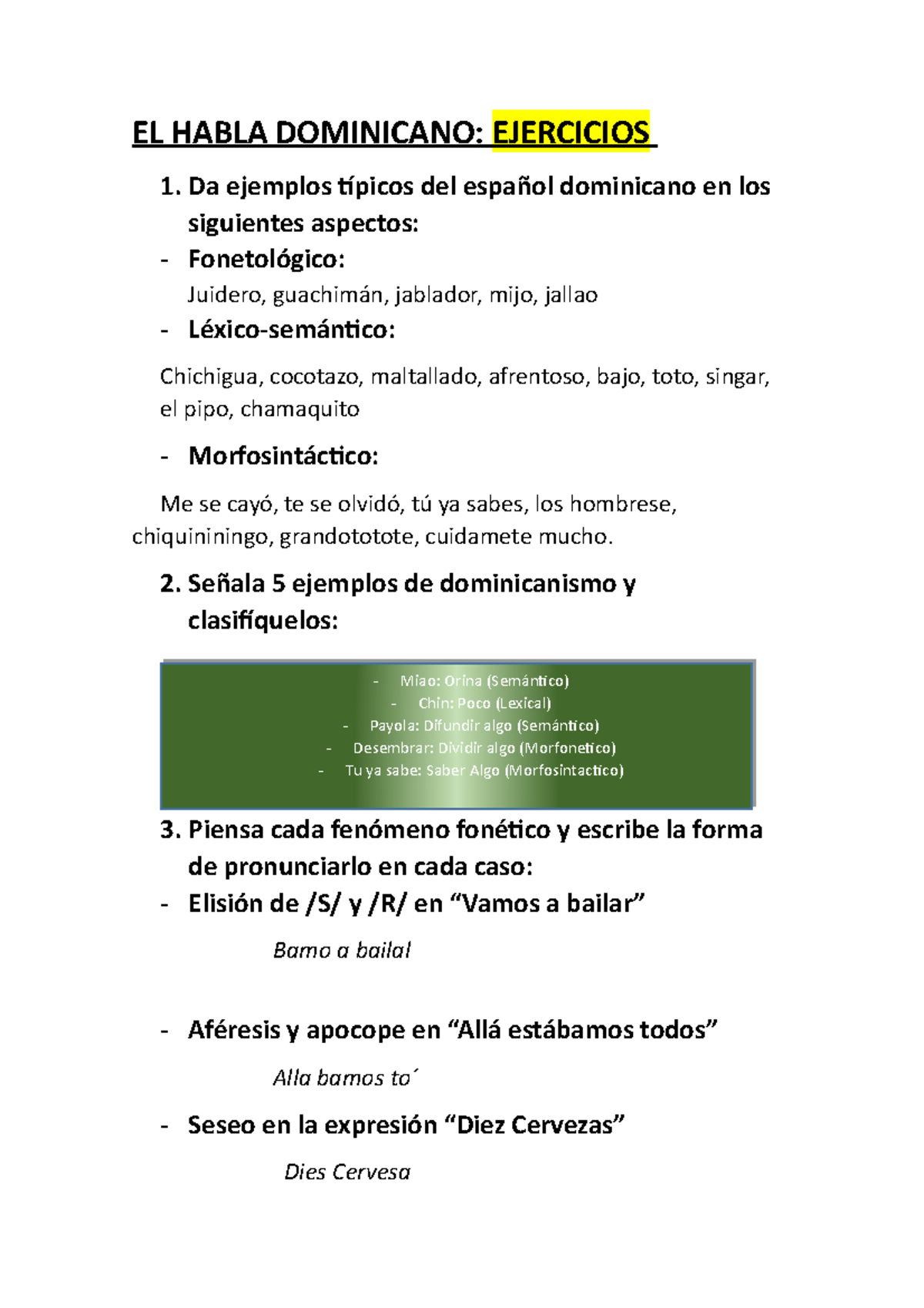 Ejercicios sobre el Habla Dominicano: Morfosintaxis y Fonética - Studocu