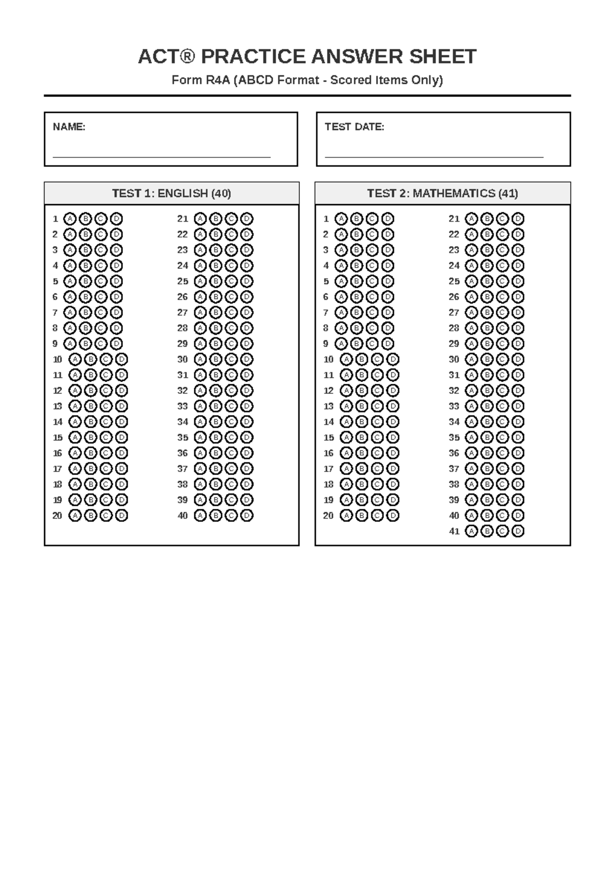 ACT® Practice Answer Sheet - Form R4A (ABCD Format) - Studocu