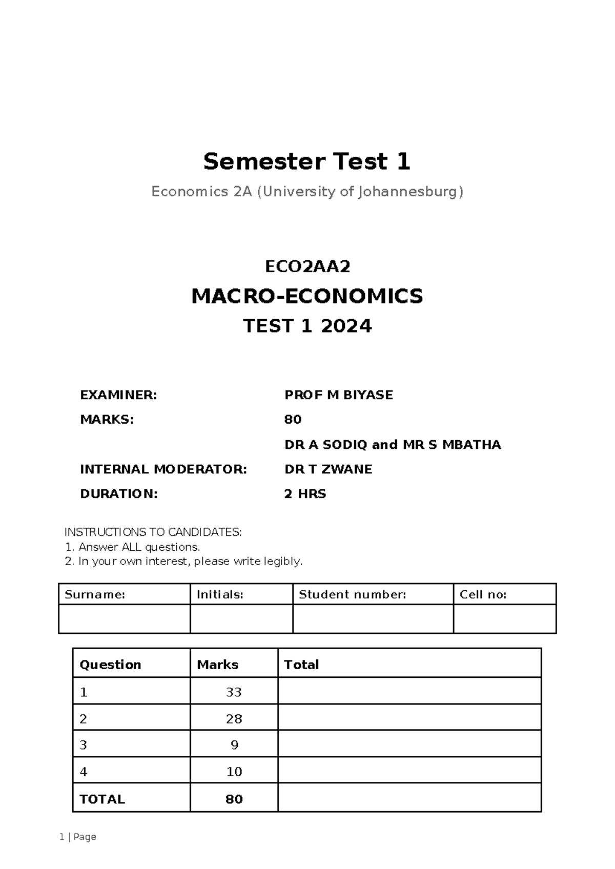 ECO2A 2024 Semester Test 1: Economics Concepts and Analysis - Studocu