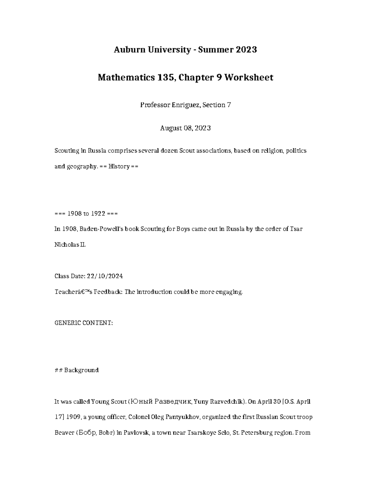 Mathematics 135 Chapter 9 Worksheet - Auburn University - Summer 2023 ...