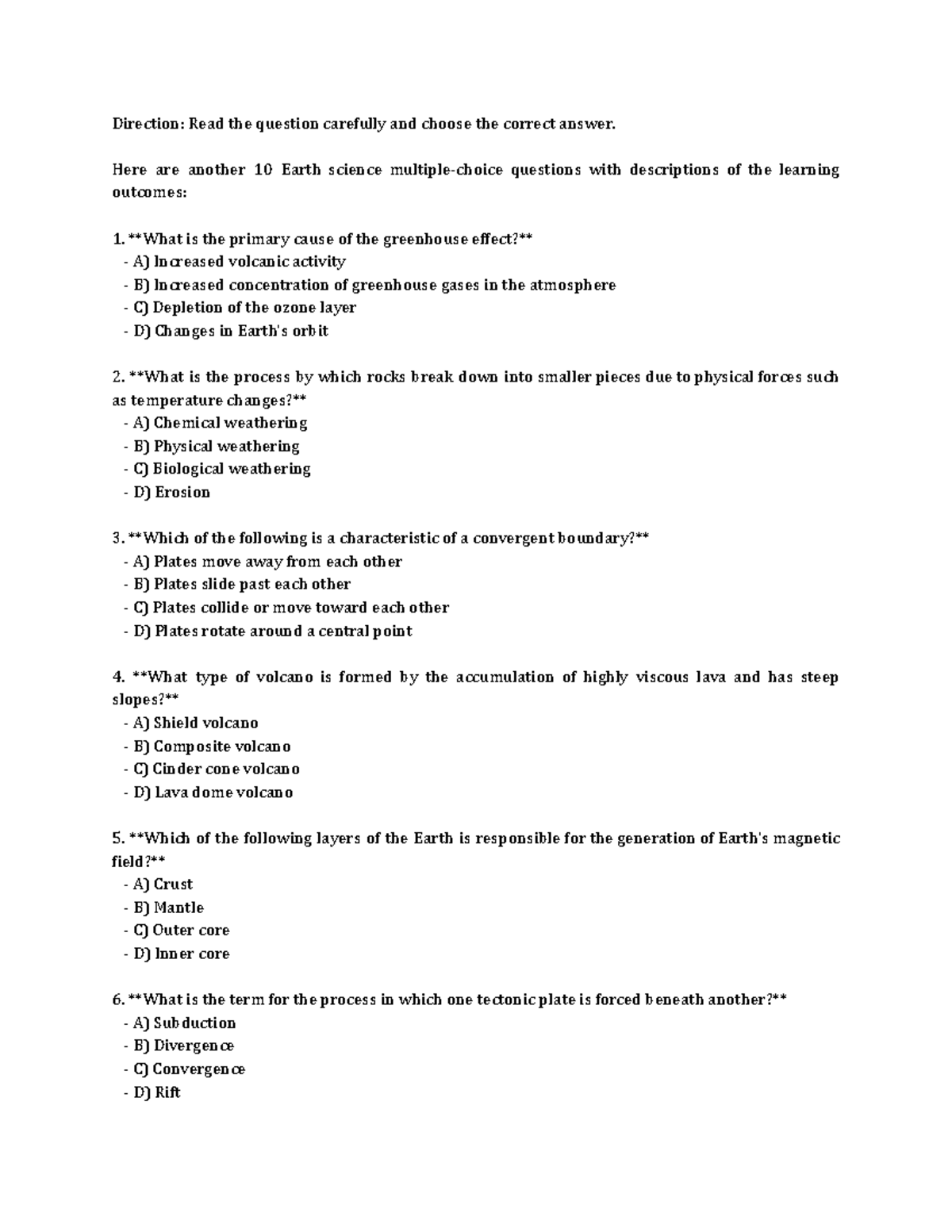 EE54 - Earth Science Quiz: Understanding Weather, Volcanoes, and ...