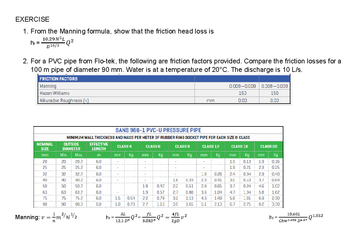 HED470S Exercise 1: Friction Loss Calculations Using Manning Formula ...