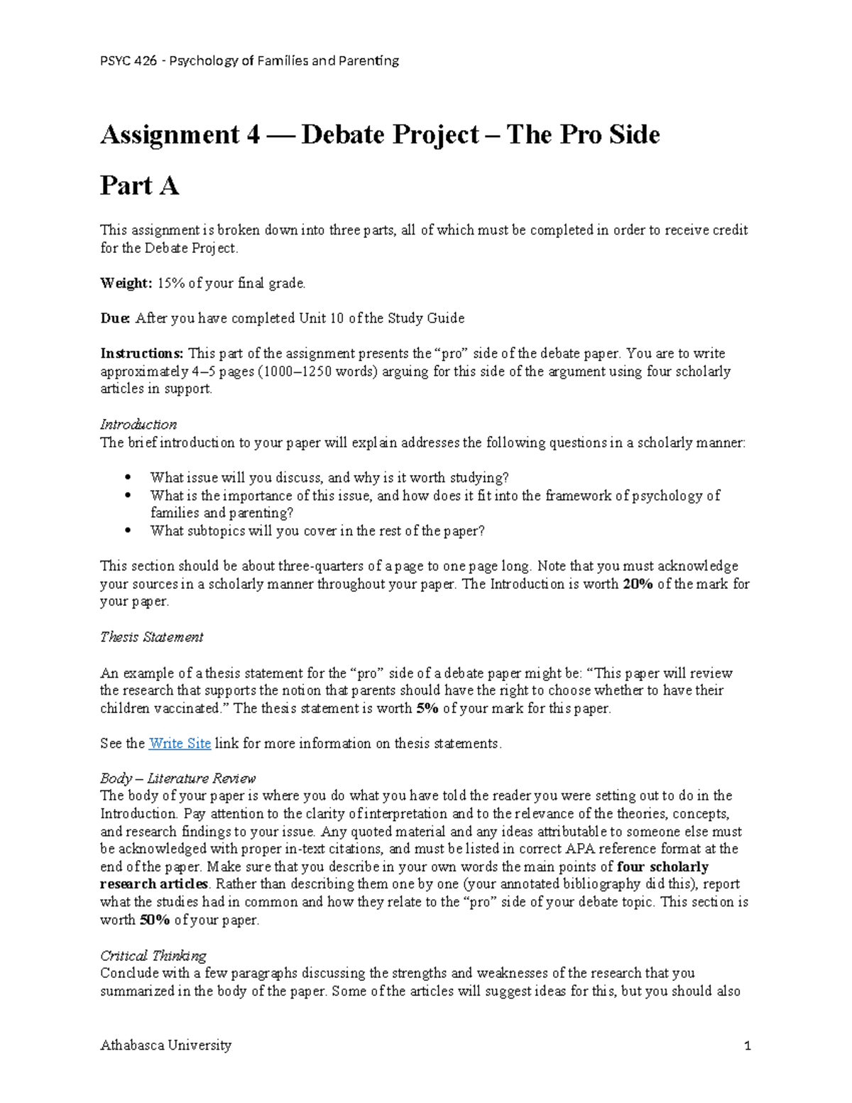 PSYC 426 Final Exam Assignment 4 Part A: Pro Side Debate Analysis - Studocu