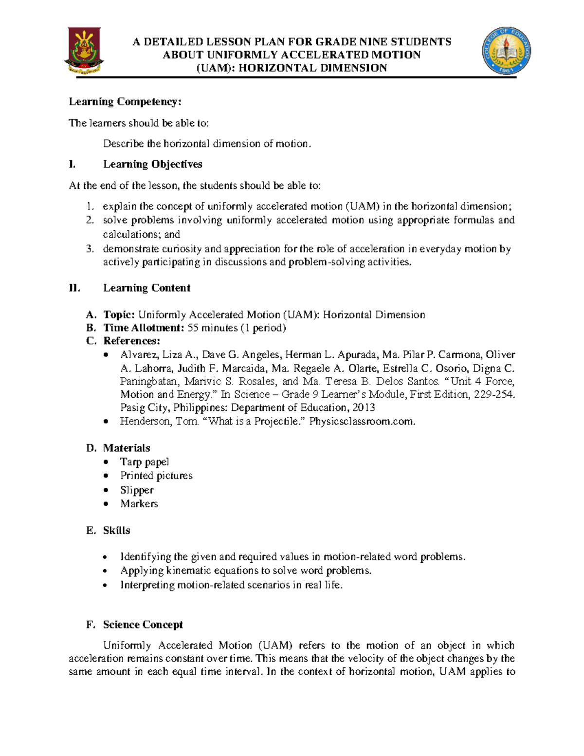 DTA 1 - Lesson Plan on UAM: Horizontal Motion for Grade 9 - Studocu