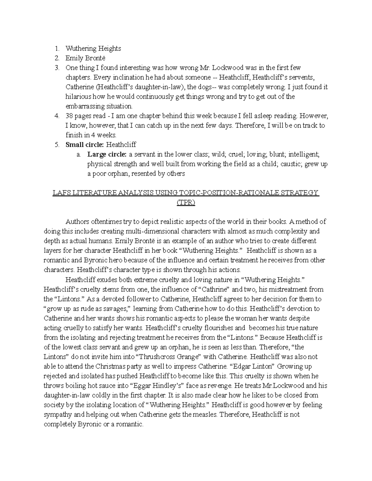 Character Analysis of Heathcliff in Wuthering Heights (LAFS) - Studocu