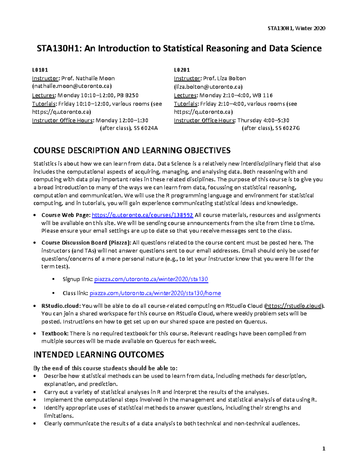 STA130H1 S Syllabus: Introduction to Statistical Reasoning & Data ...