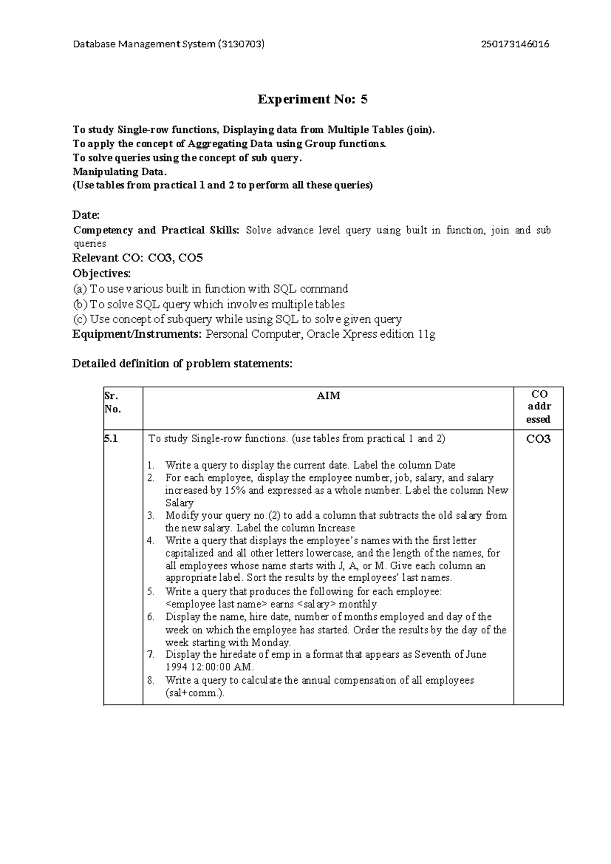 Database Management System (3130703) Experiment 5-6: SQL Functions ...