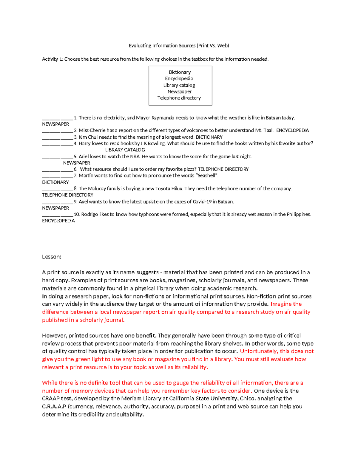 Evaluation of Information Sources - Lesson 5 (Lecture) - Studocu