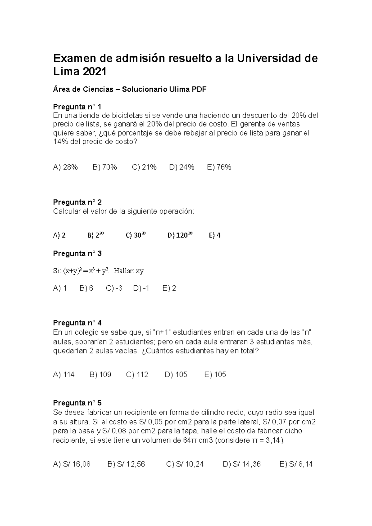 Examen de Admisión Resuelto Ulima 2021 - Área de Ciencias - Document Preview