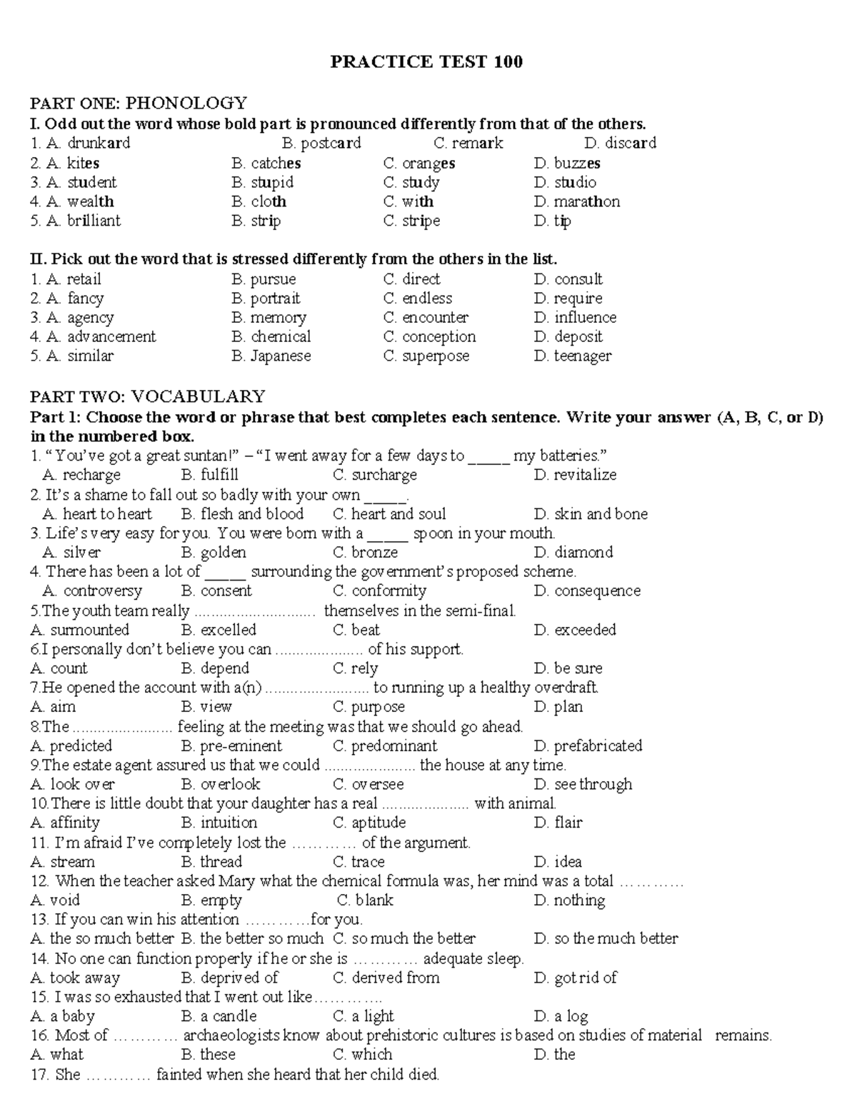 PRACTICE TEST 100 ANSWER KEY: PHONOLOGY & VOCABULARY - Studocu