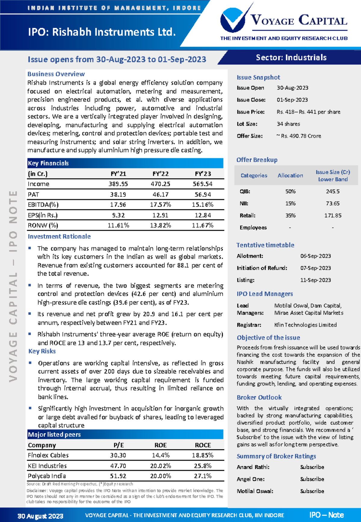Rishabh Instruments IPO Note - V O YA G E C A P I TA L – I P O N O T E ...