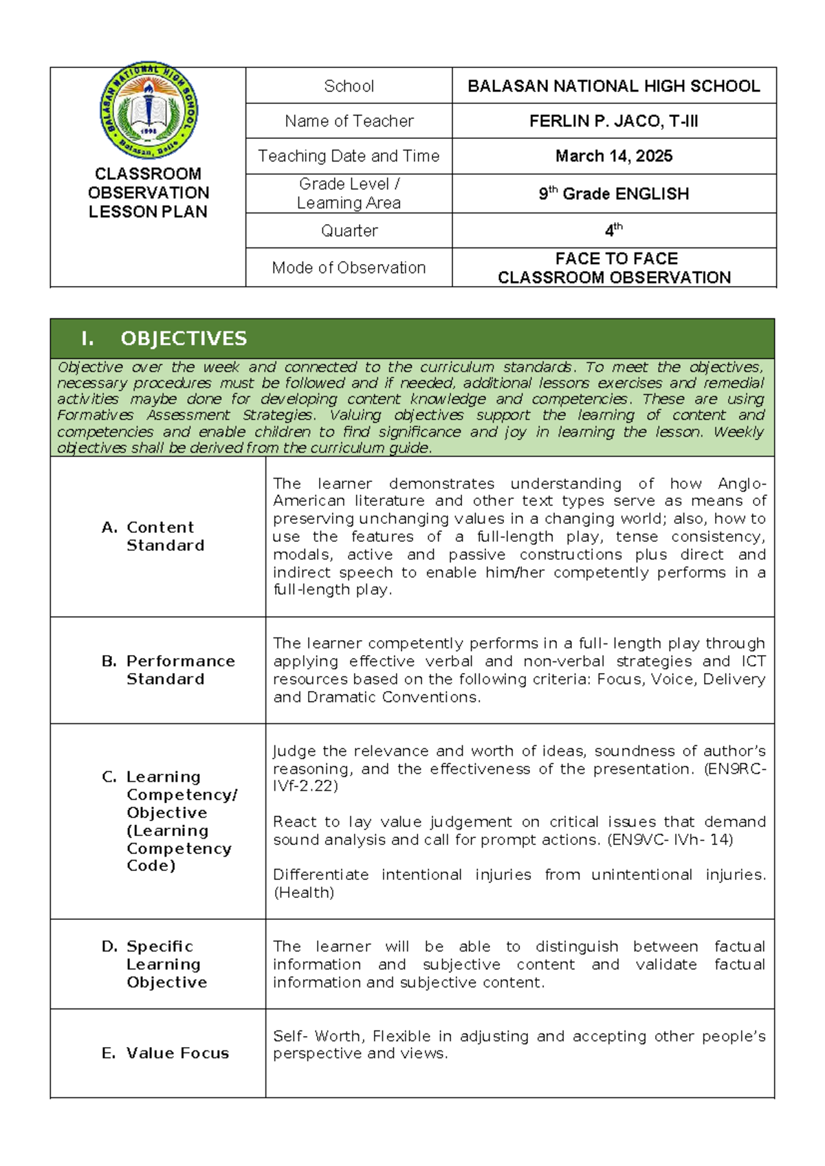 4th COT 2024-2025: Classroom Observation Lesson Plan for 9th Grade ...