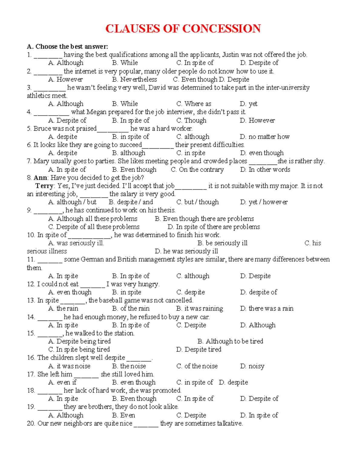 CLAUSES OF CONCESSION: EXERCISES AND ANSWERS (ENG 101) - Studocu