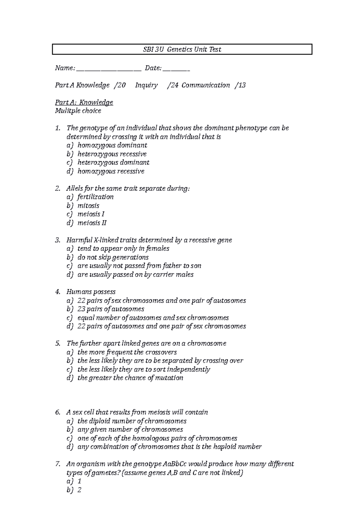 SBI3U Final Exam Review: Genetics Unit Test Preparation - Studocu