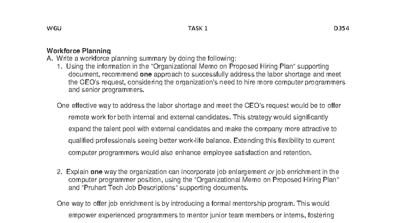 D354 Task 1: Workforce Planning & Job Analysis for Senior Programmers ...