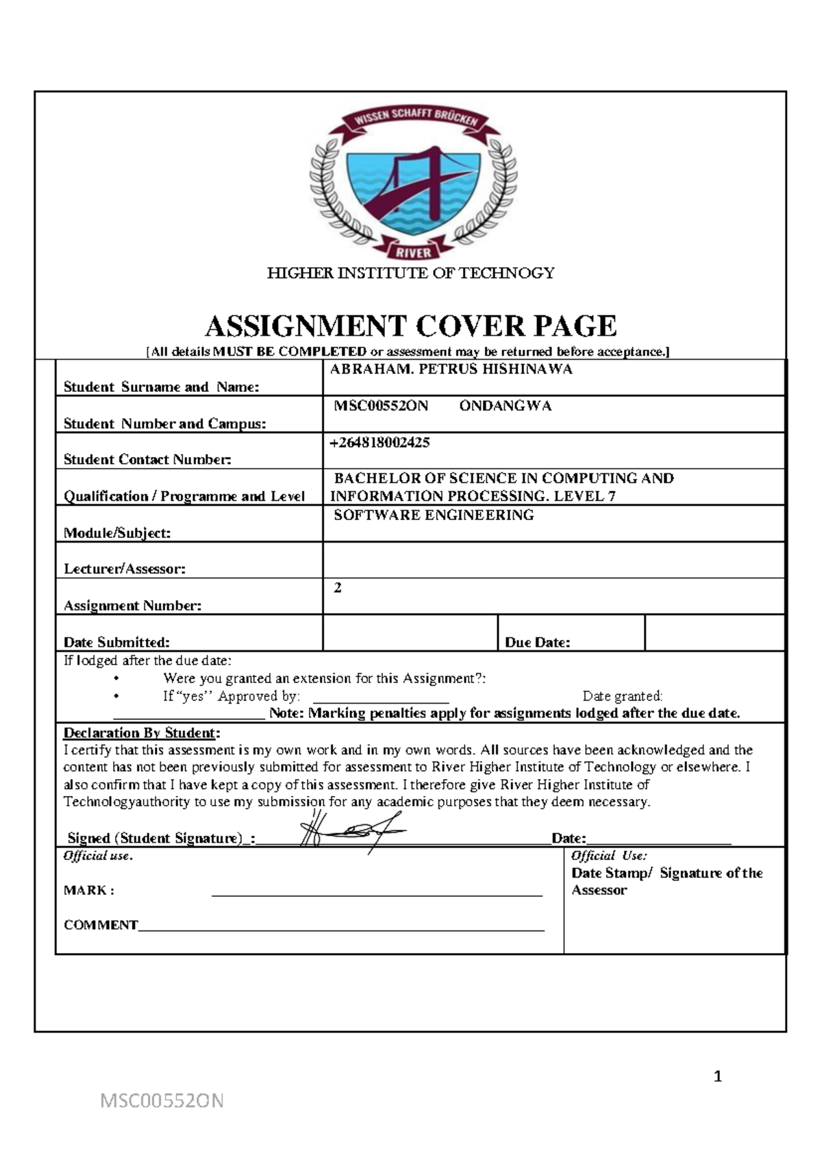 Software Engineering Assignment 2 (MSC00552 ON) - 1 HIGHER INSTITUTE OF ...