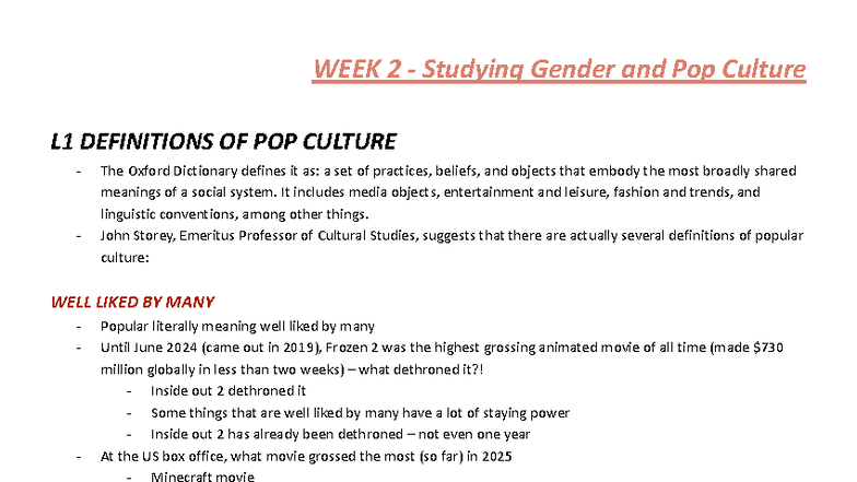 GSWS 2161 A - Week 2 Lecture Notes on Gender and Pop Culture - Studocu