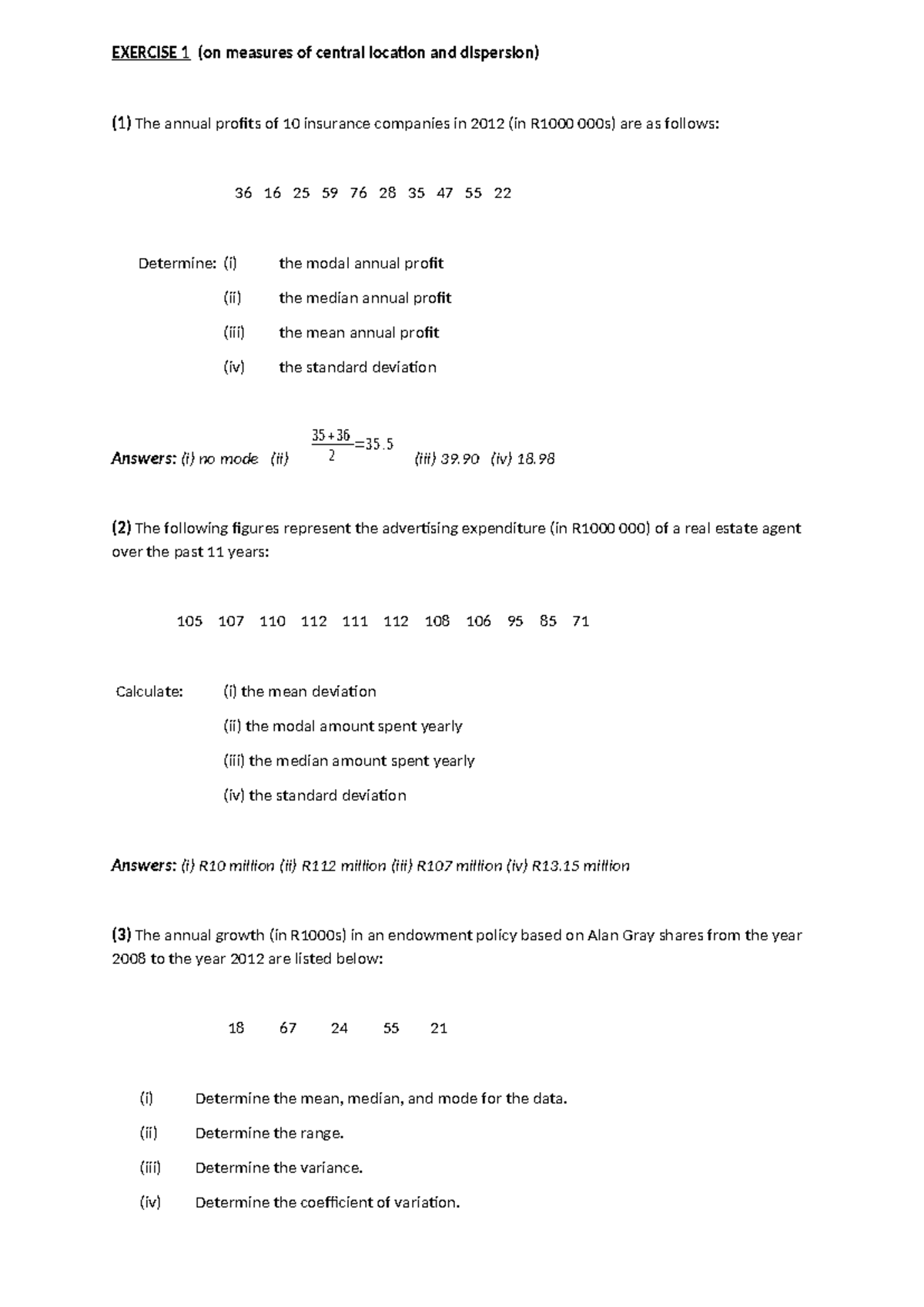 Exercises 1 Week 1 - Class Exercise on Central Location & Dispersion ...