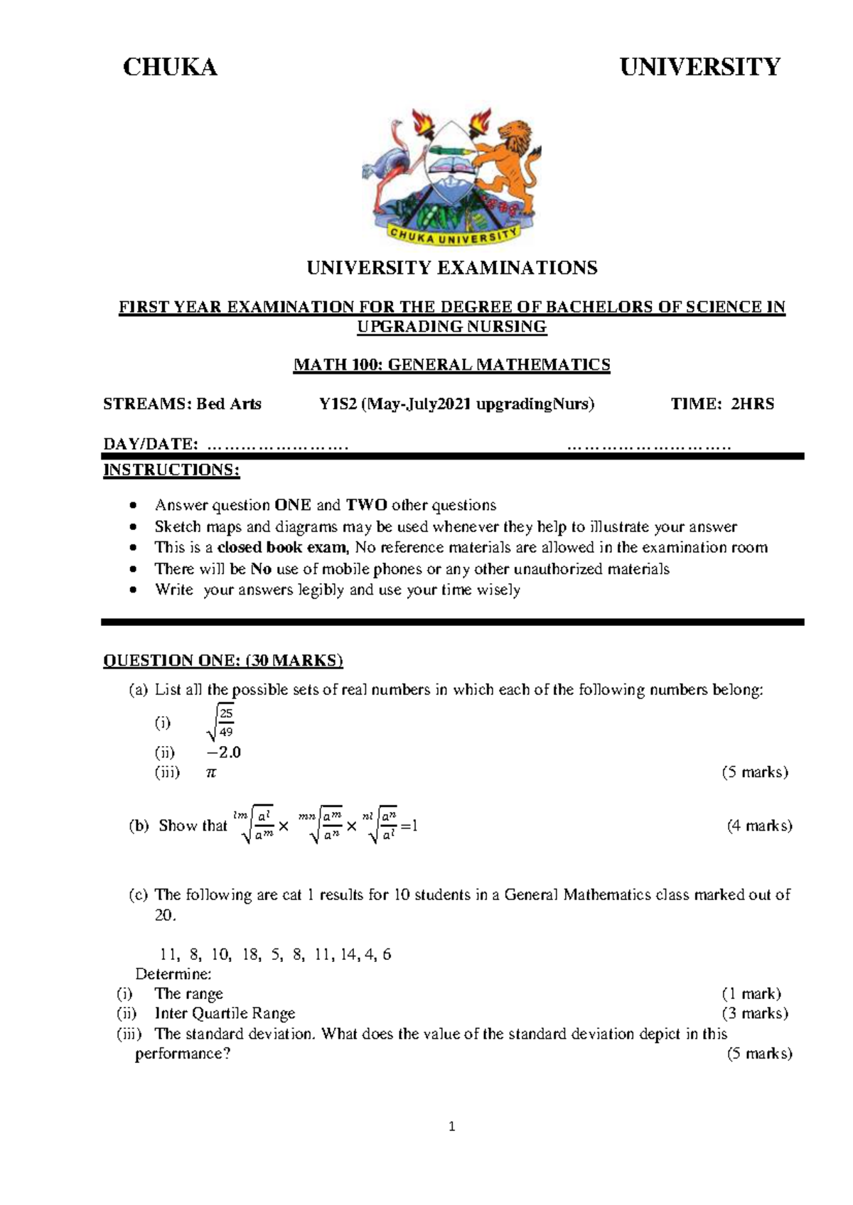 MATH100: Upgrading Nursing General Mathematics Exam Questions July 2021 ...
