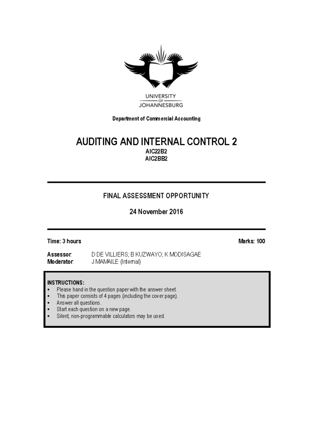 AIC22B2 Final Exam Auditing and Internal Control - Nov 2016 Q&A - Studocu