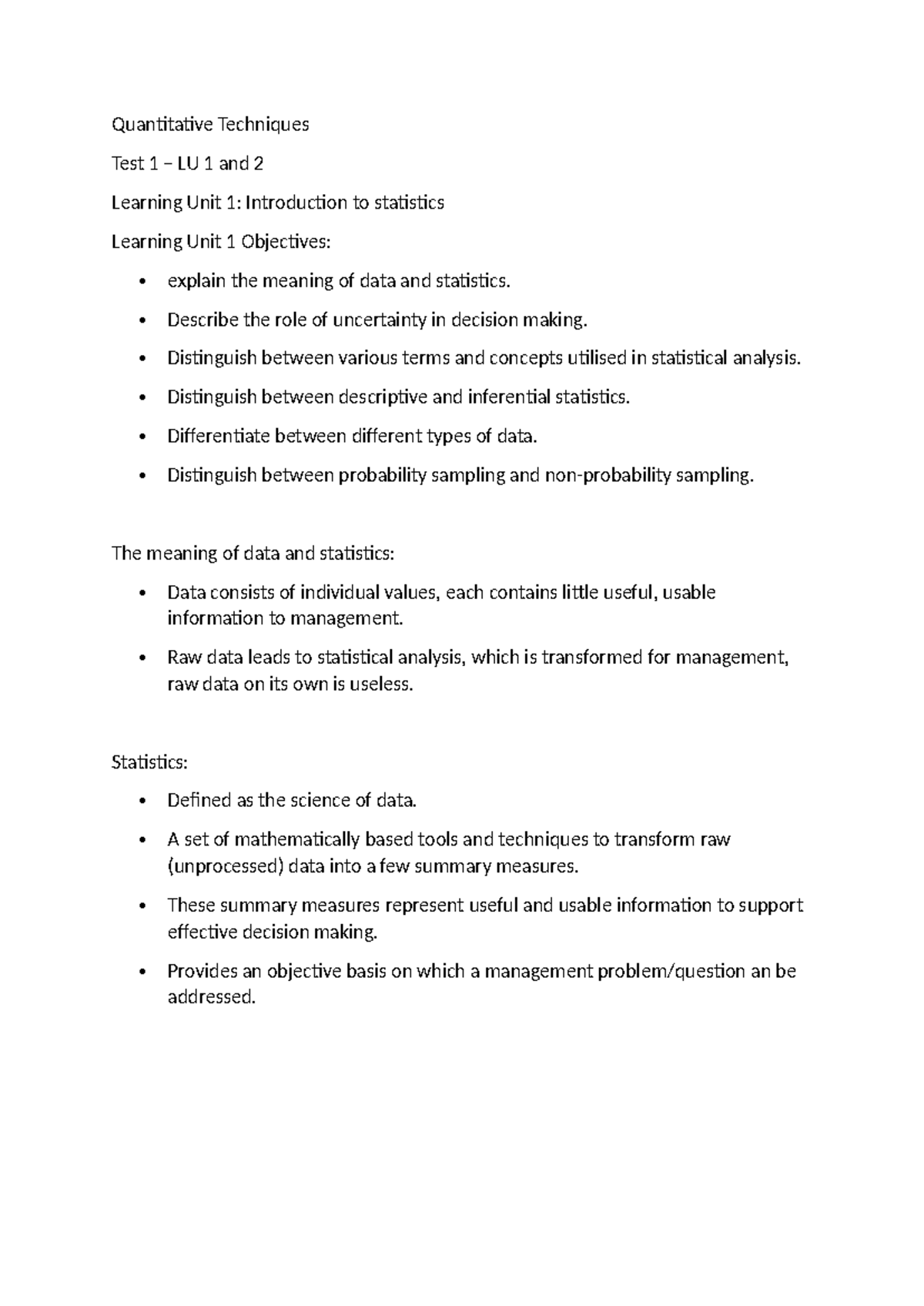 Stats Test 1 Notes - Quantitative Techniques Overview and Key Concepts ...