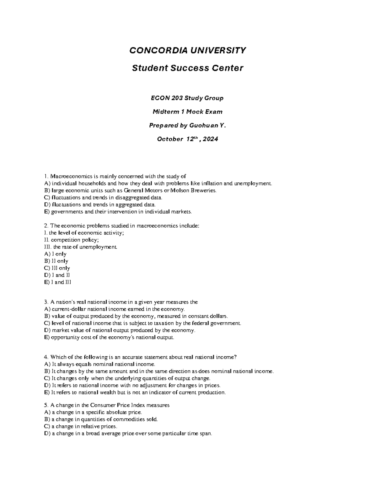 ECON 203 Midterm 1 Mock Exam Study Guide - Studocu
